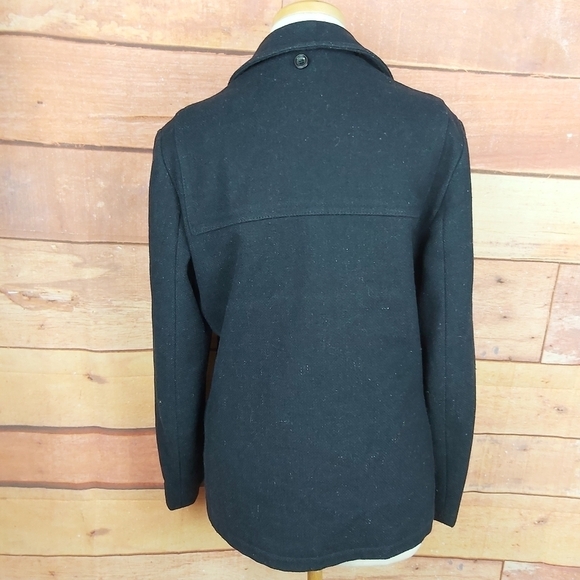 VINTAGE wool pea coat with leather buttonhole winter coat plaid lining fit large - Picture 7 of 11